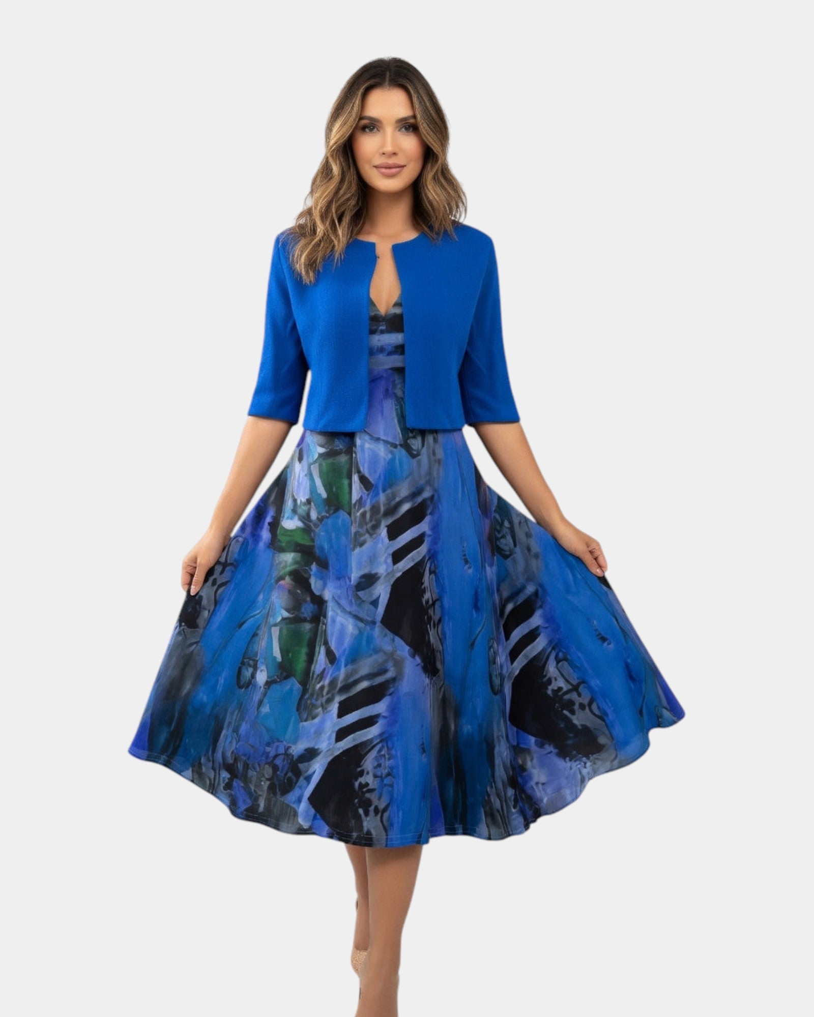 Stacy | Abito midi fluido stampato con giacca coordinata