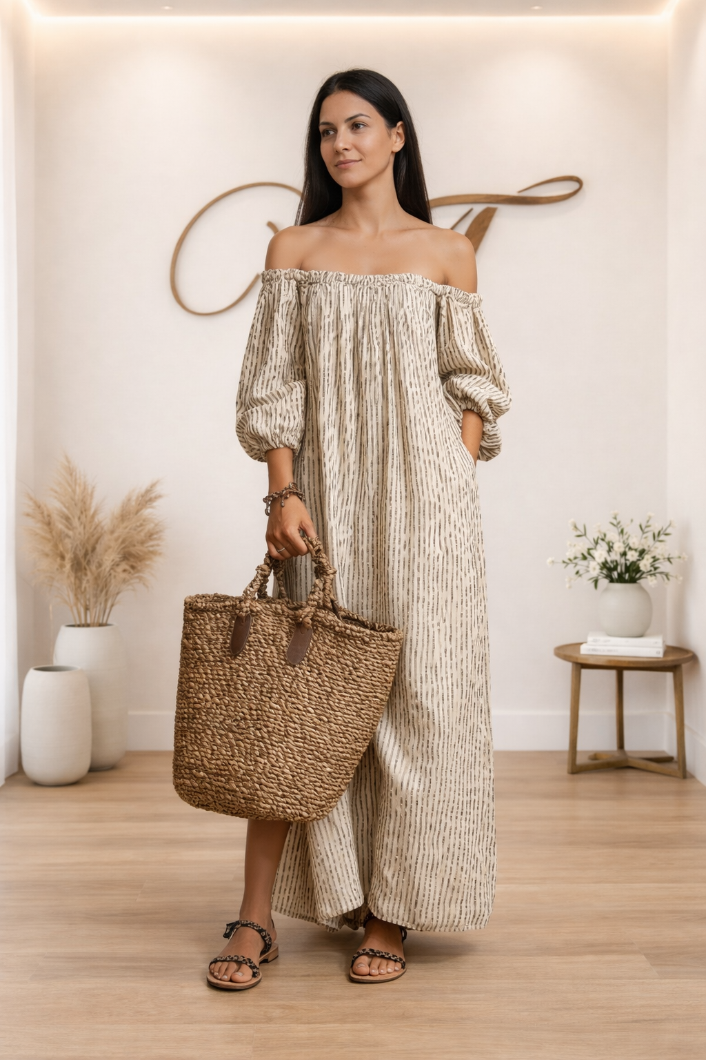 Giulia | Abito lungo in cotone e lino con spalle scoperte