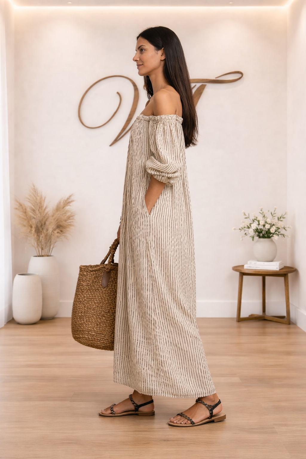 Giulia | Abito lungo in cotone e lino con spalle scoperte