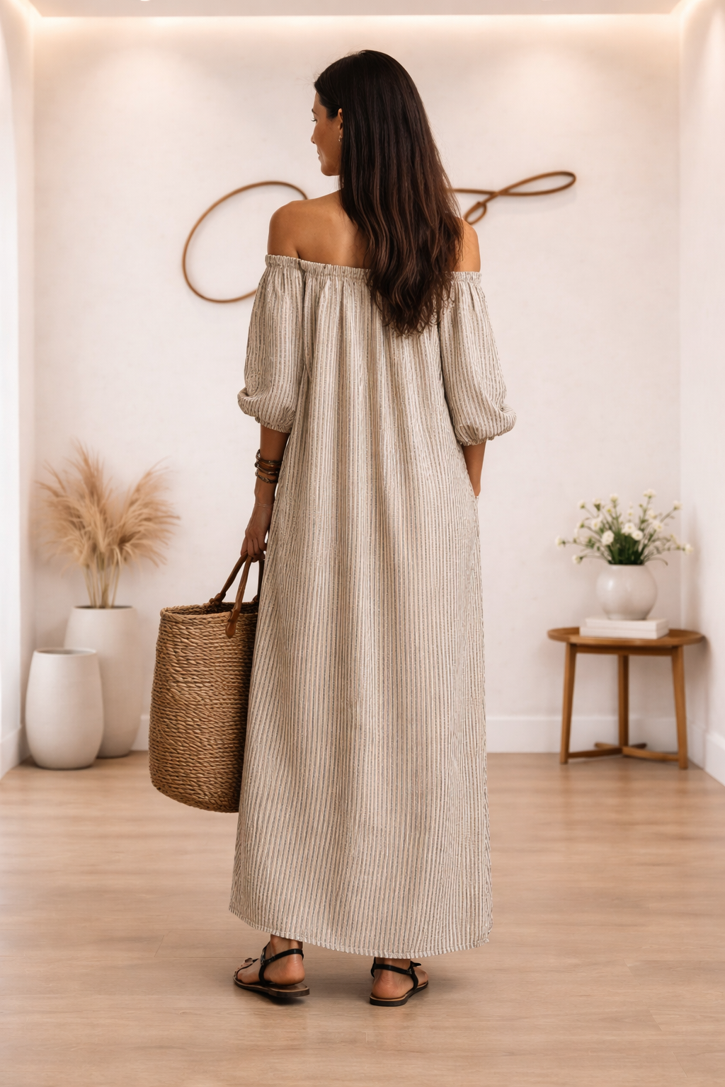 Giulia | Abito lungo in cotone e lino con spalle scoperte