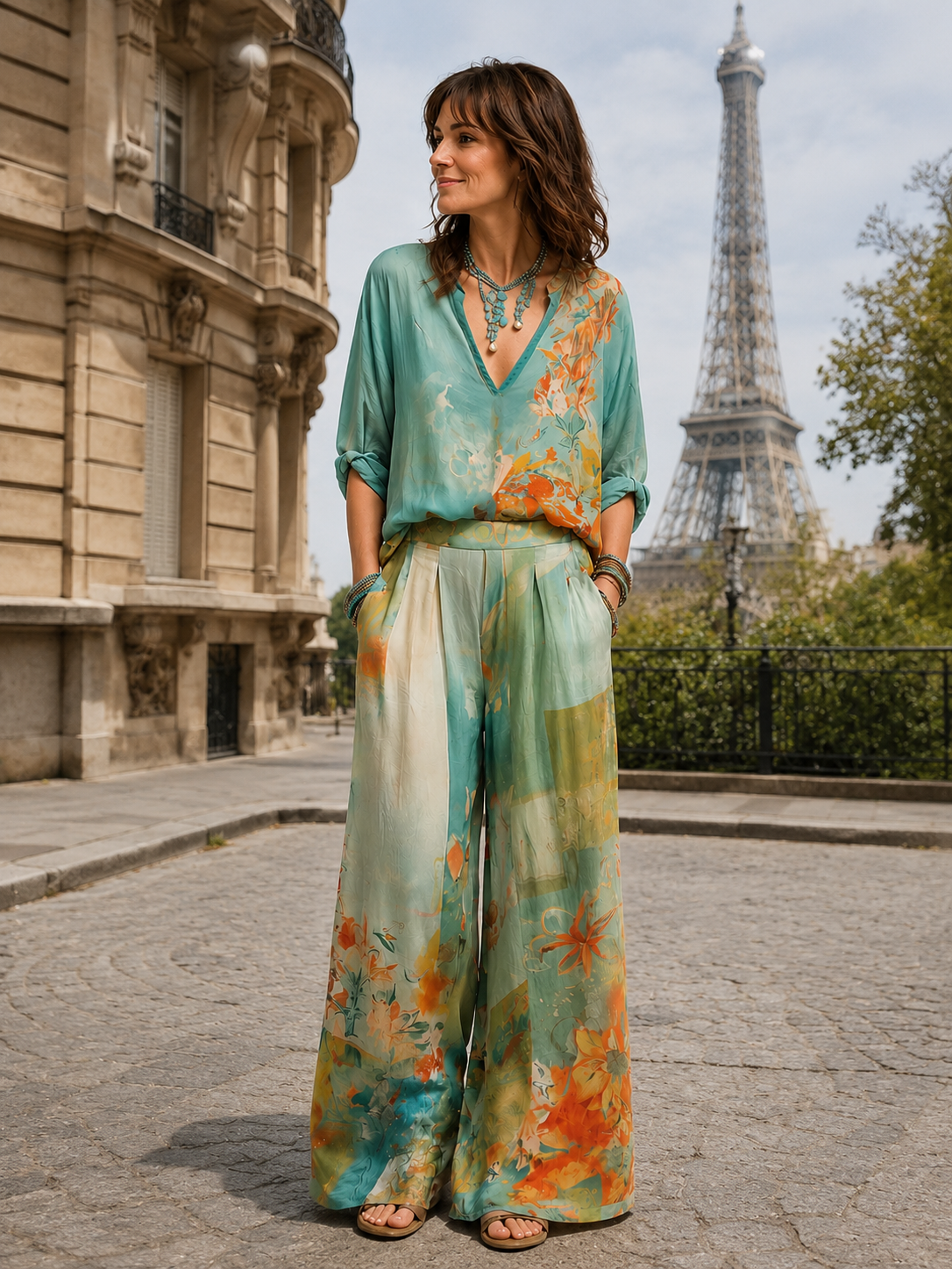Célidora | Completo elegante con stampa floreale e pantaloni ampi
