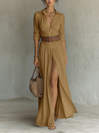 Abito lungo maxi in lino da donna con collo a revers e maniche lunghe