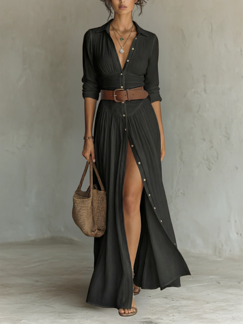 Abito lungo maxi in lino da donna con collo a revers e maniche lunghe