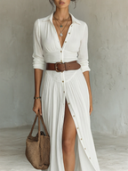 Abito lungo maxi in lino da donna con collo a revers e maniche lunghe