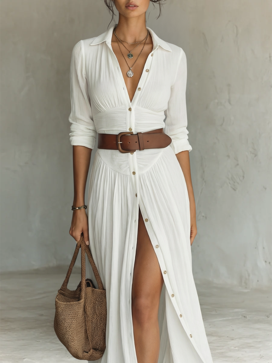 Abito lungo maxi in lino da donna con collo a revers e maniche lunghe