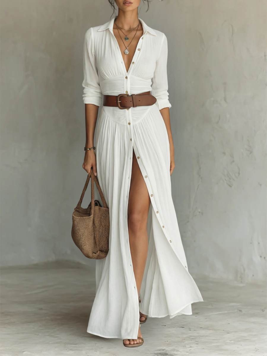 Abito lungo maxi in lino da donna con collo a revers e maniche lunghe