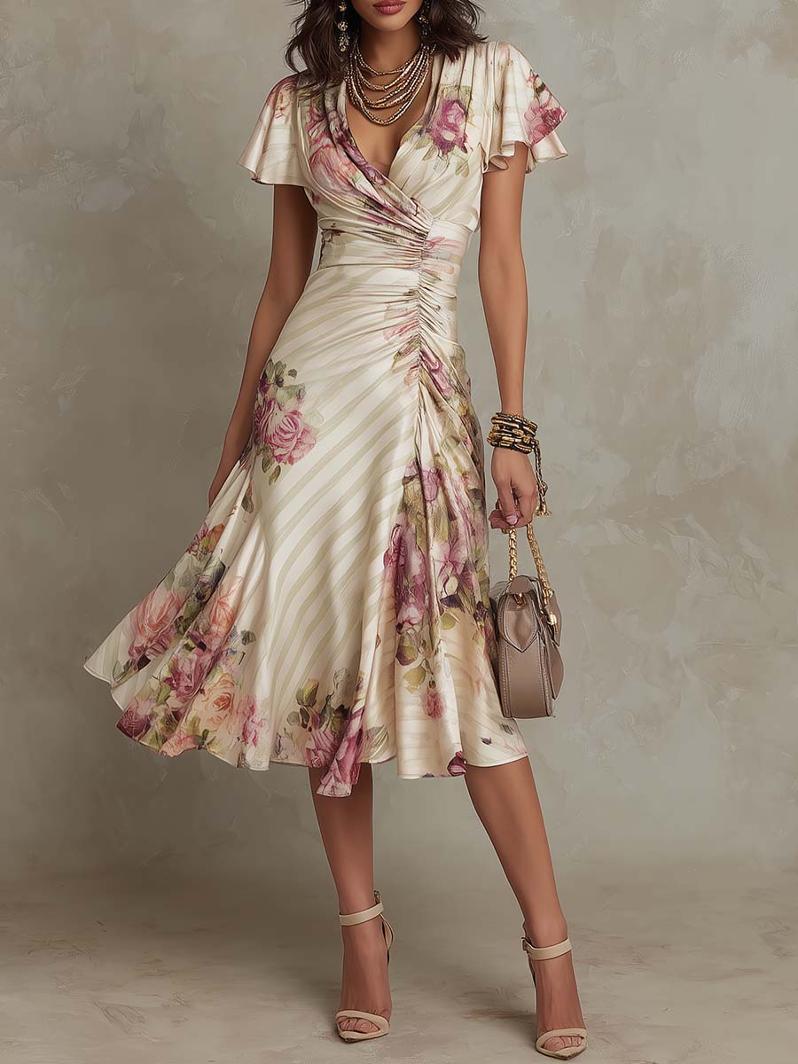 Alba - Abito midi elegante retrò in raso floreale