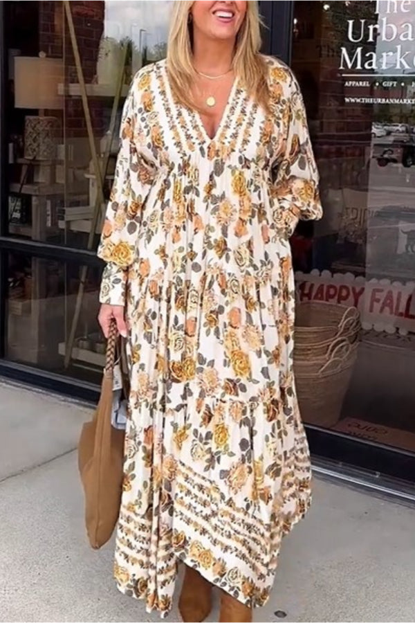 Vestito midi floreale con scollo a V