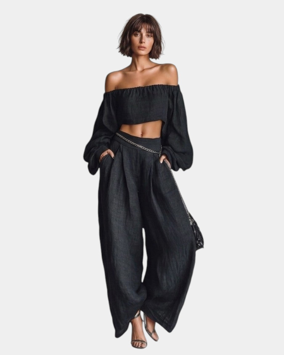 Cíntia | Completo con top a spalle scoperte e pantaloni a palazzo