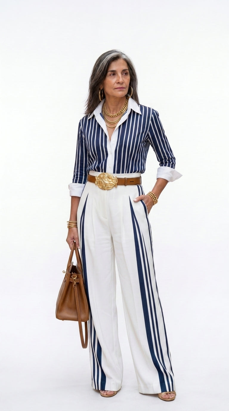 Sol - Completo da donna con camicia a righe e pantaloni a palazzo