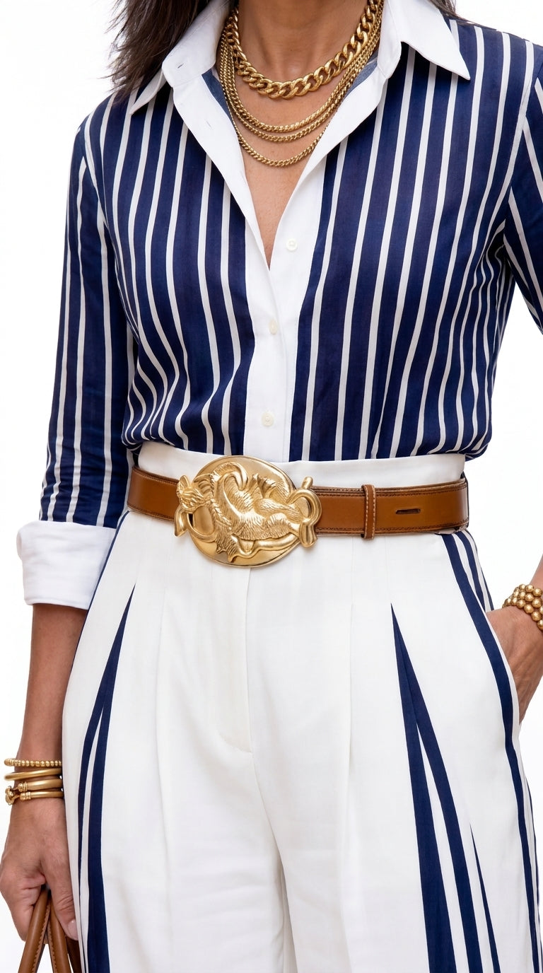 Sol - Completo da donna con camicia a righe e pantaloni a palazzo