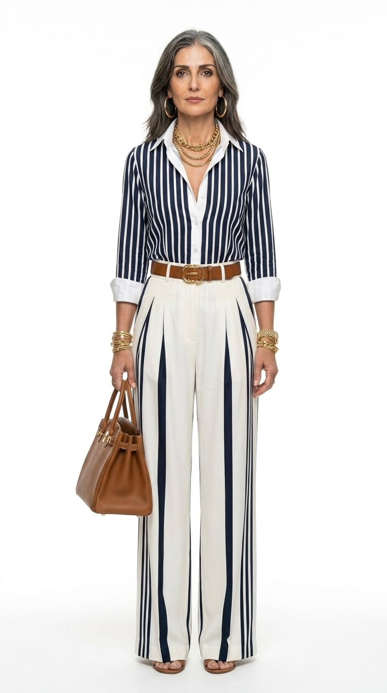 Sol - Completo da donna con camicia a righe e pantaloni a palazzo