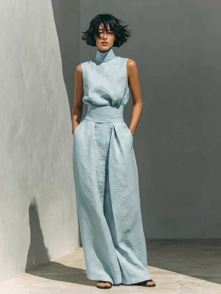 Flor™ | Completo minimalista da donna con top senza maniche e pantaloni a gamba larga in cotone e lino