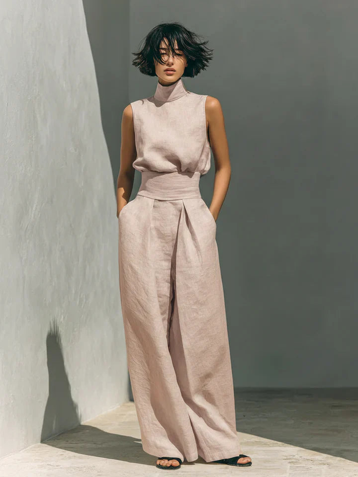 Flor™ | Completo minimalista da donna con top senza maniche e pantaloni a gamba larga in cotone e lino
