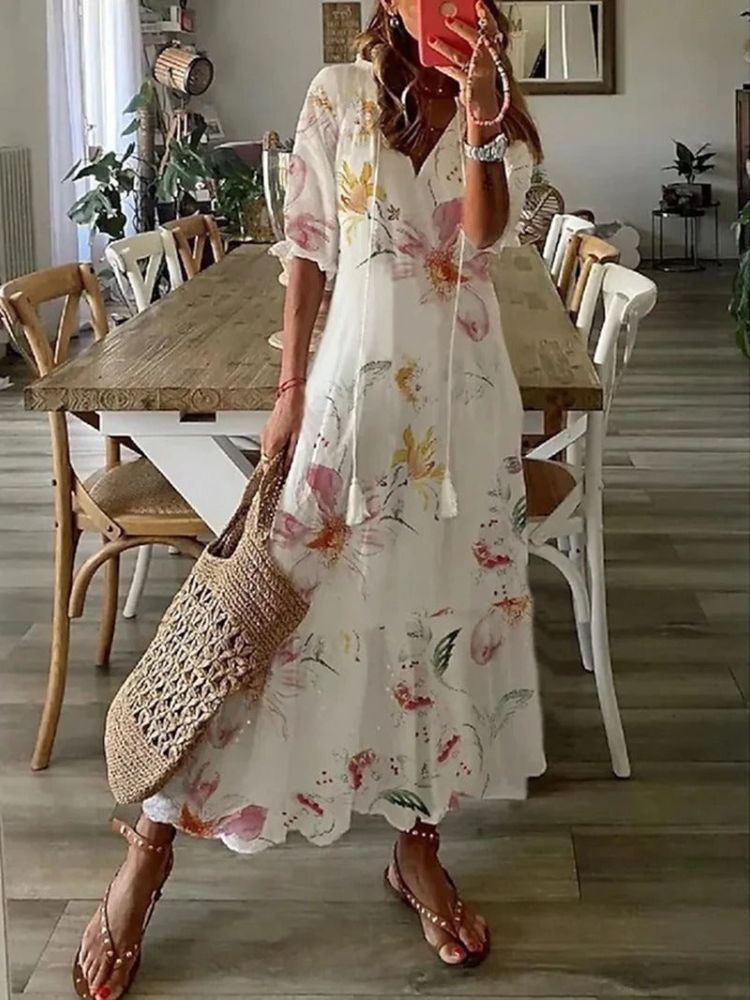 Kleoniki - Elegante abito lungo in velluto con fiori