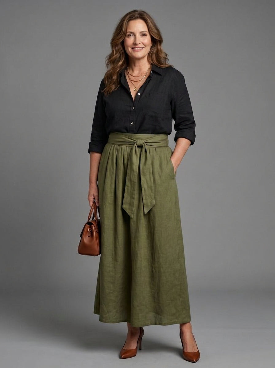 Vera | Completo Due Pezzi Blusa Nera e Gonna Midi Verde Oliva
