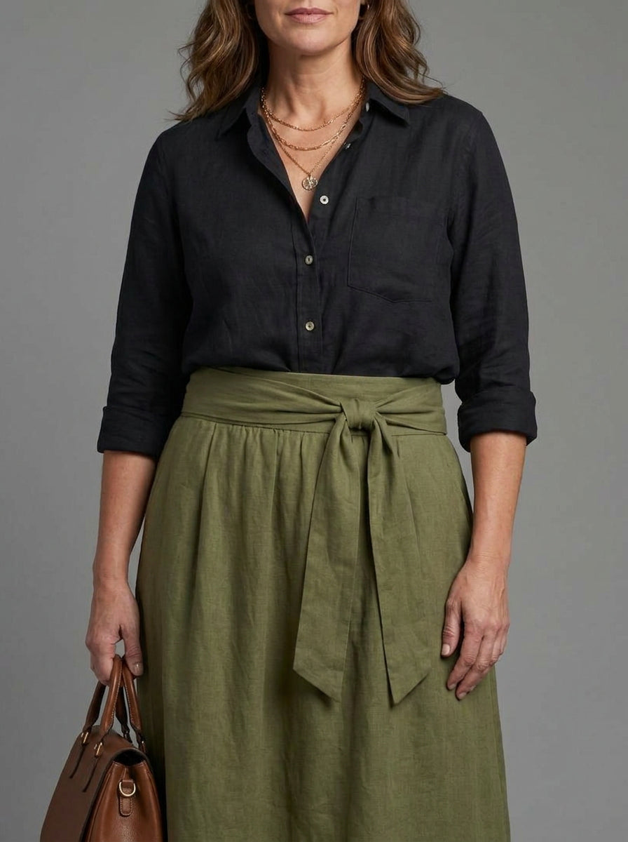 Vera | Completo Due Pezzi Blusa Nera e Gonna Midi Verde Oliva