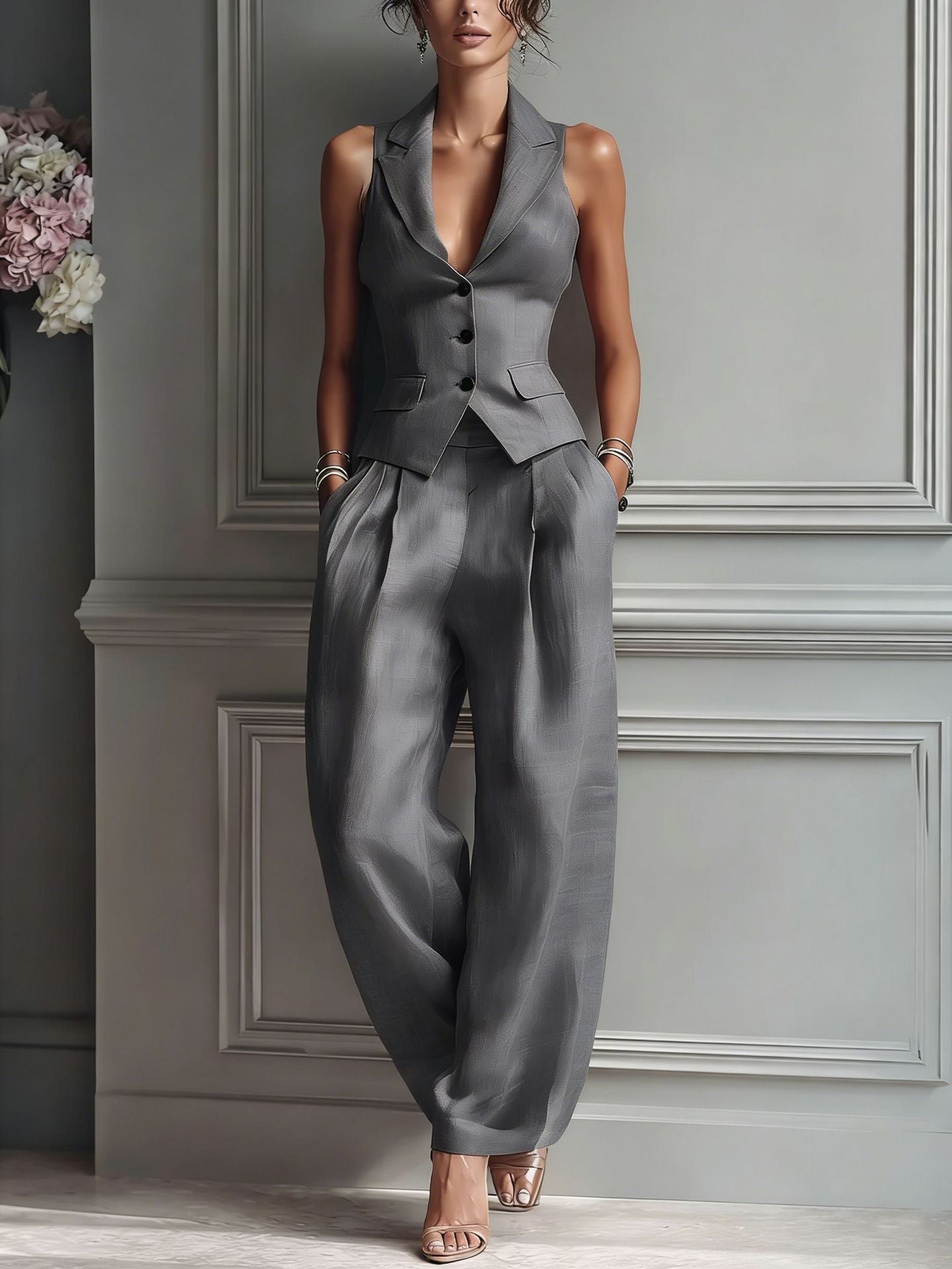 Completo da donna due pezzi con scollo a V e bottoni