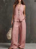 Completo due pezzi in cotone e lino con gilet senza maniche e pantaloni a gamba larga