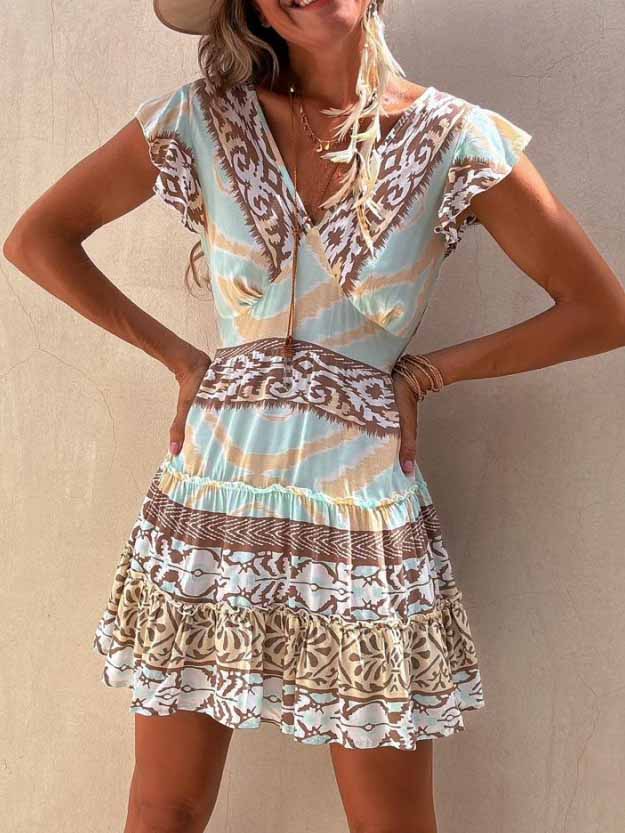 Mini abito casual con scollo a V e stampa bohémien