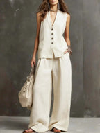 Completo due pezzi in cotone e lino con gilet senza maniche e pantaloni a gamba larga