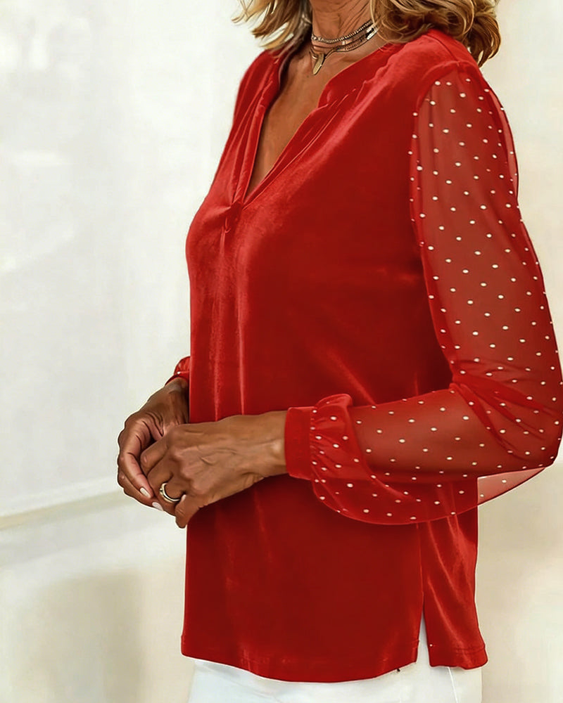 Top a Maniche Lunghe in Velluto con Scollo a V