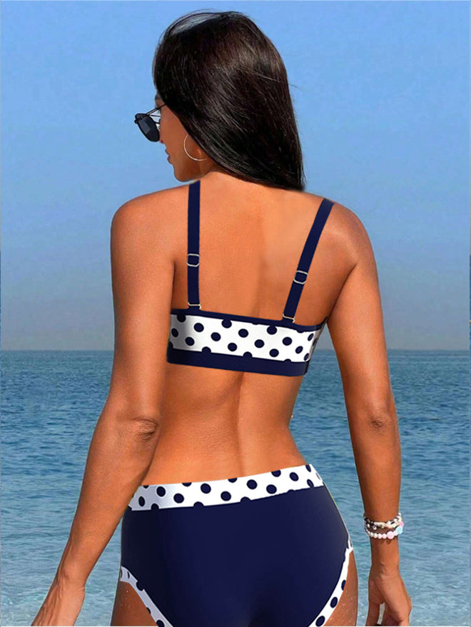 Bikini a vita alta patchwork a pois