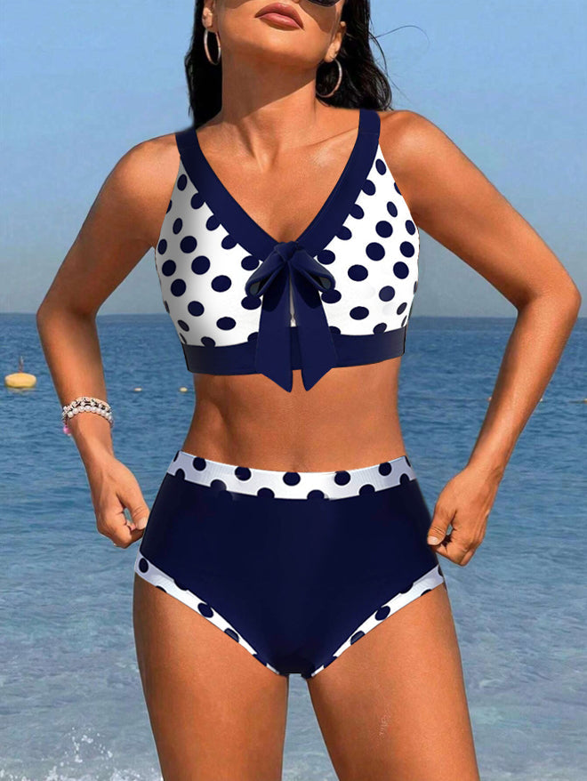 Bikini a vita alta patchwork a pois