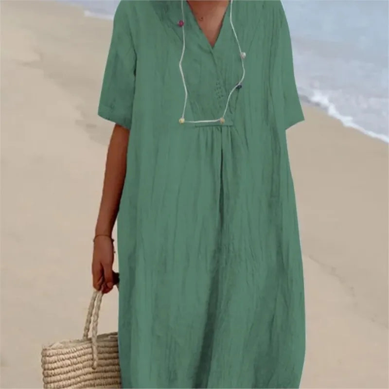 Sandra | Vestito casual in lino testurizzato con scollo a V