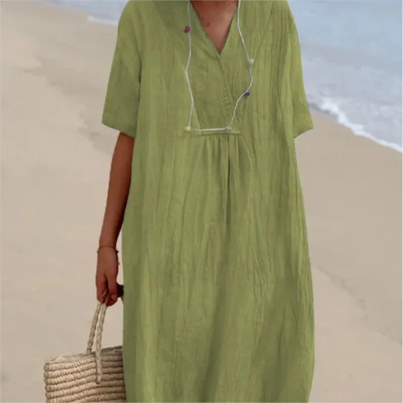 Sandra | Vestito casual in lino testurizzato con scollo a V