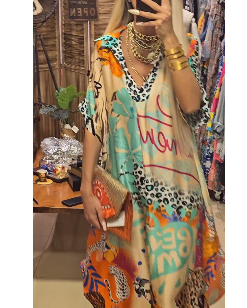 Abito casual con scollo a V profondo leopardato e colorato