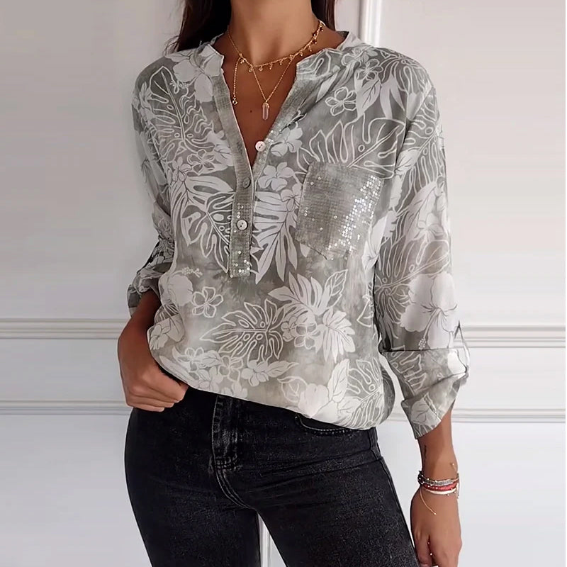 Top stampato foglie con paillettes patchwork