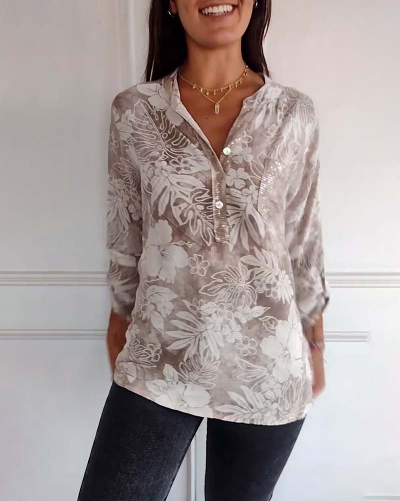 Top stampato foglie con paillettes patchwork