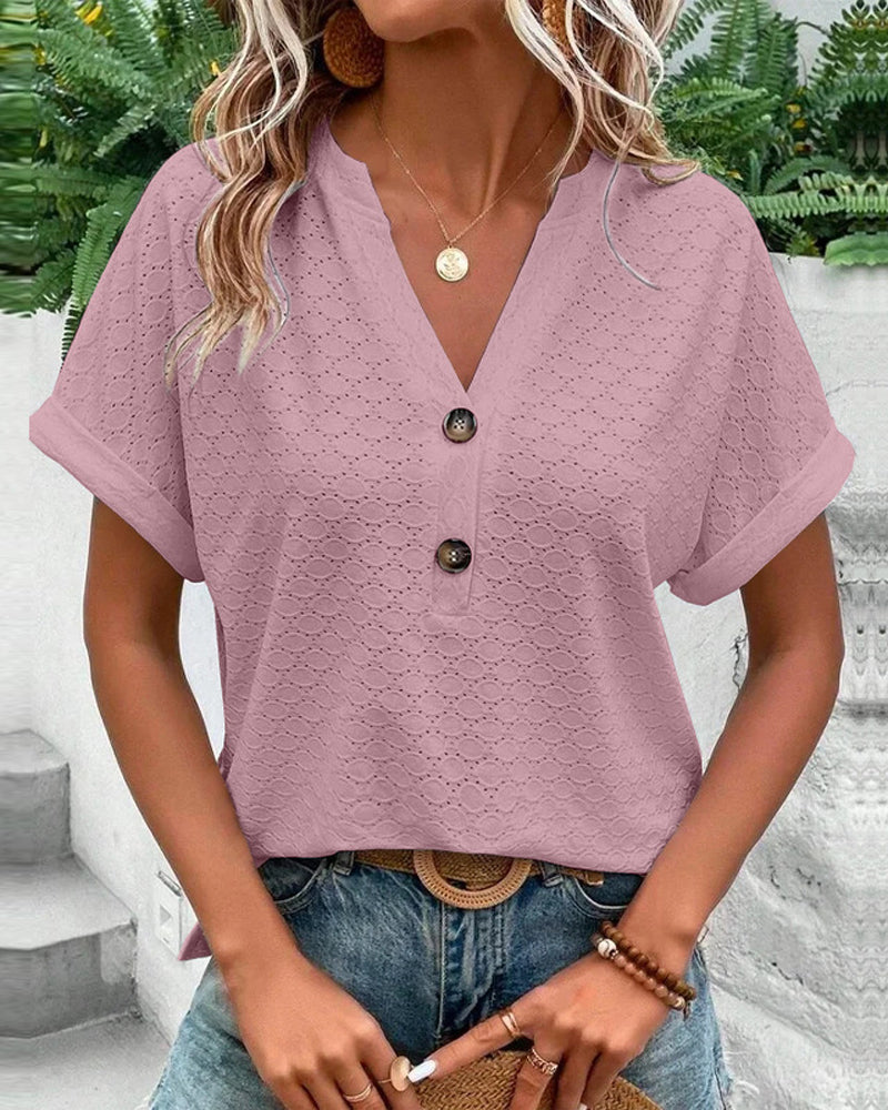 Camicetta casual a tinta unita con scollo a V e bottone