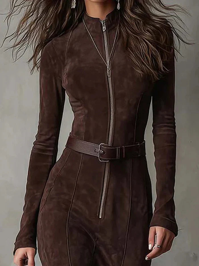 Maria - Vestito lungo in camoscio elegante con spacco e cintura