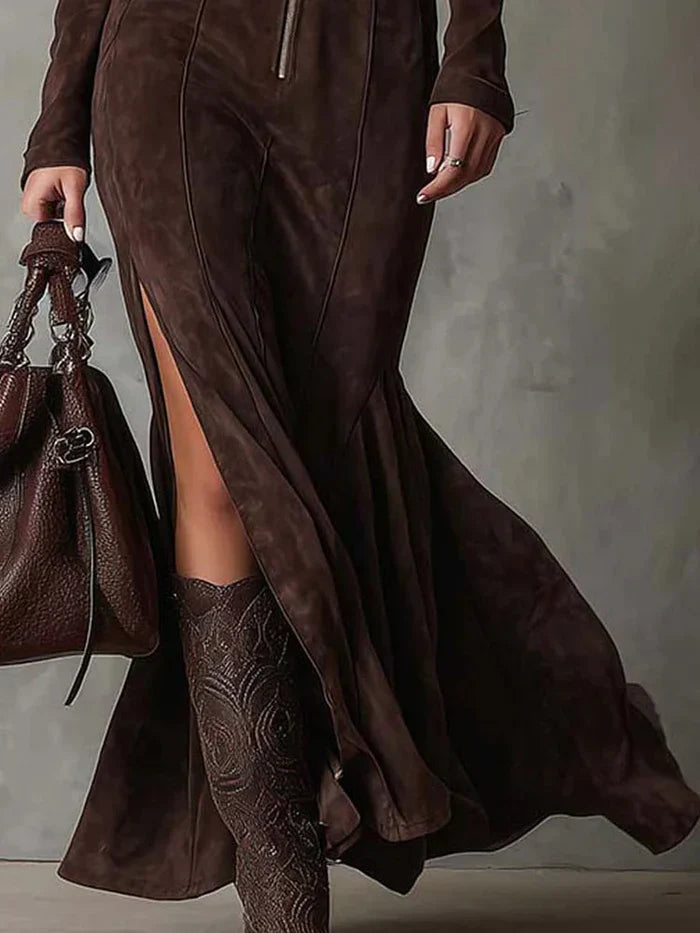 Maria - Vestito lungo in camoscio elegante con spacco e cintura