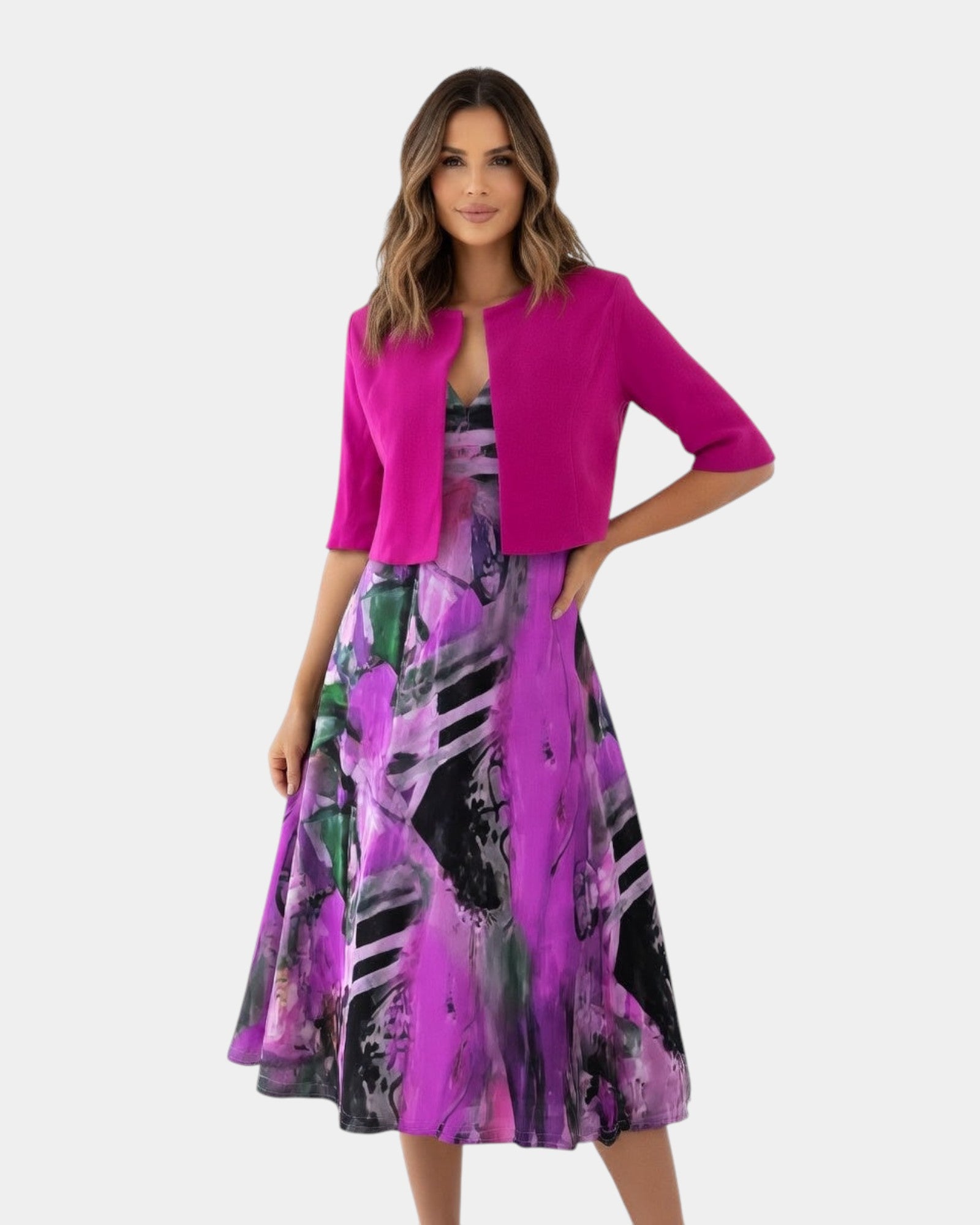Stacy | Abito midi fluido stampato con giacca coordinata
