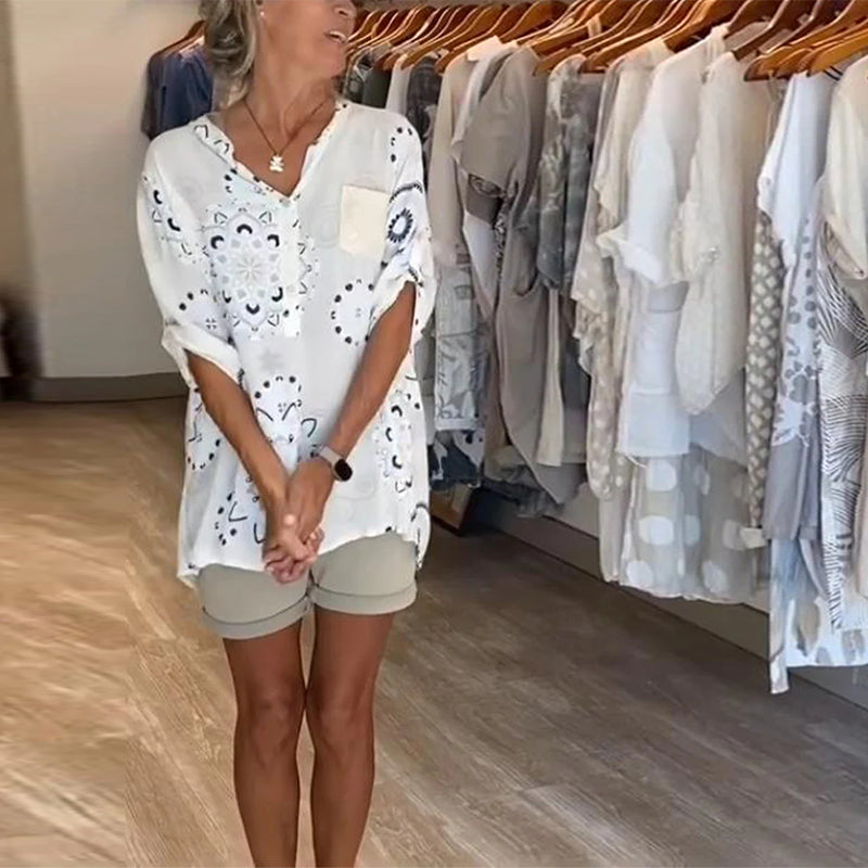 Camicetta Versatile con Stampa Scollo a V Maniche a Metà