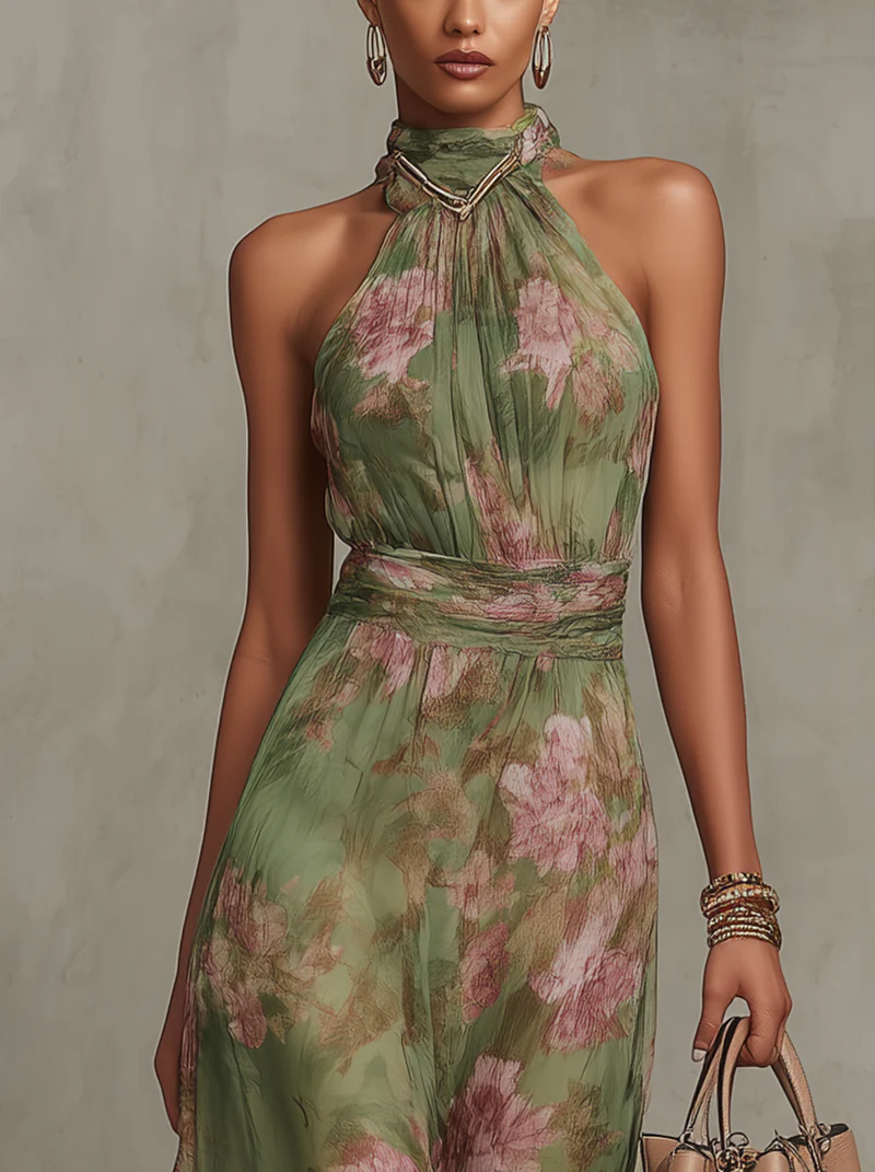 Serena - Abito lungo verde floreale in chiffon con scollo all'americana