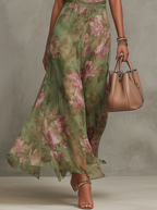 Serena - Abito lungo verde floreale in chiffon con scollo all'americana