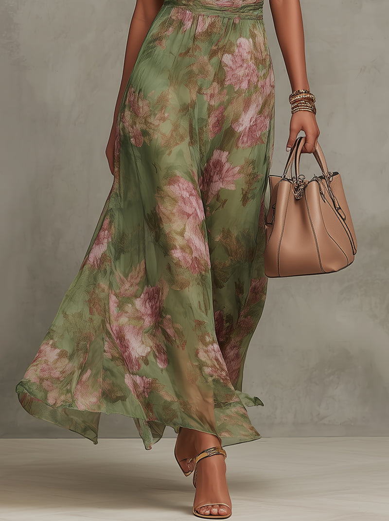 Serena - Abito lungo verde floreale in chiffon con scollo all'americana