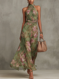 Serena ∙ Abito lungo verde a fiori in chiffon con scollo all'americana