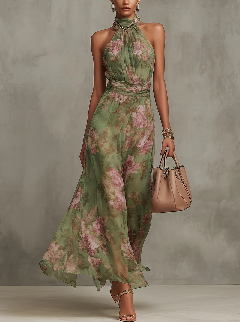 Serena ∙ Abito lungo verde a fiori in chiffon con scollo all'americana
