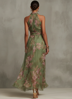 Serena ∙ Abito lungo verde a fiori in chiffon con scollo all'americana