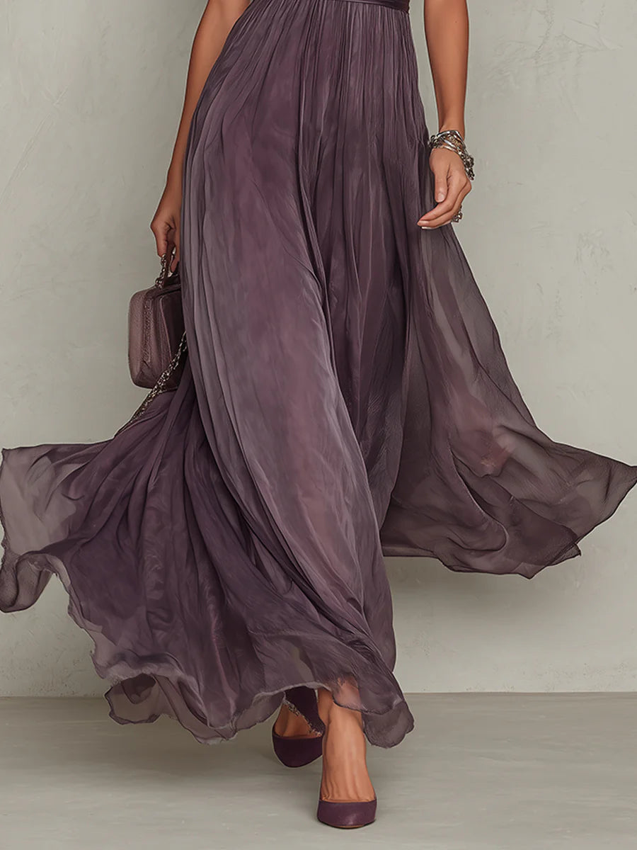 Flavia - Abito lungo viola con scollo a chiave, bordo in pizzo di chiffon
