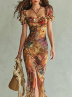 Viola - Vestito lungo in chiffon arancione con stampa ad olio in stile bohémien