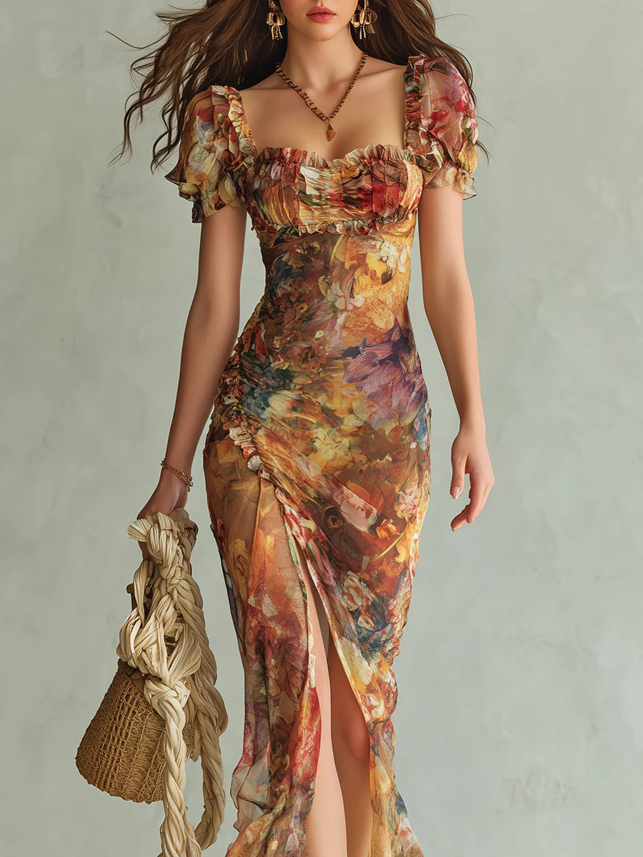 Viola - Vestito lungo in chiffon arancione con stampa ad olio in stile bohémien