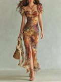 Viola - Vestito lungo in chiffon arancione con stampa ad olio in stile bohémien
