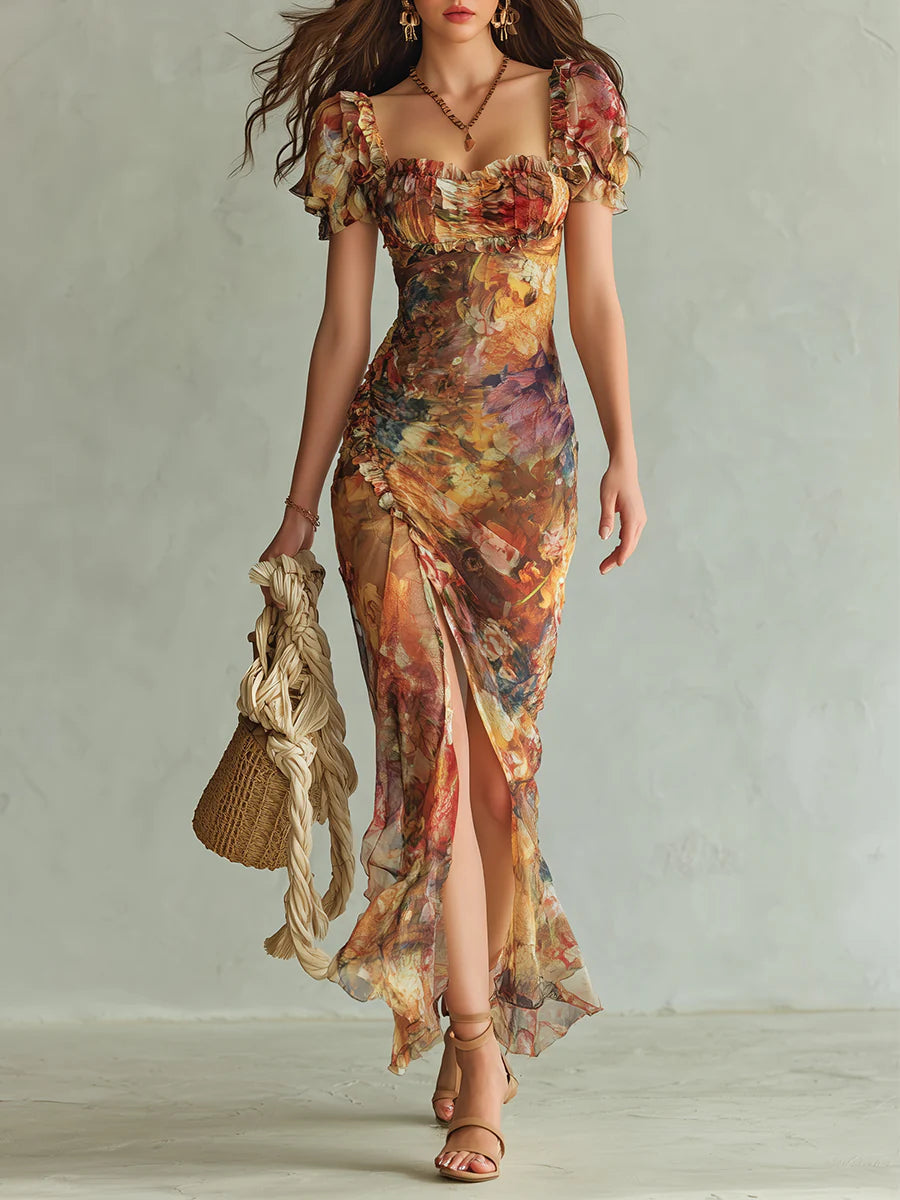 Viola - Vestito lungo in chiffon arancione con stampa ad olio in stile bohémien