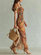 Viola - Vestito lungo in chiffon arancione con stampa ad olio in stile bohémien
